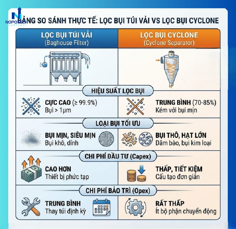 So sánh hệ thống cyclone và túi vải
